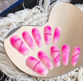Pink Coffin Nails Press on Nails Long,Design by Nail Technician, Handmade Painted Nail Art (Small,Meidum,Large) (Color: Medium)